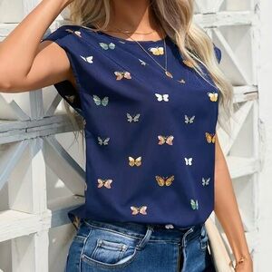 Butterfly Blouse Print Yellow Blue Short Sleeve Women’s Size M